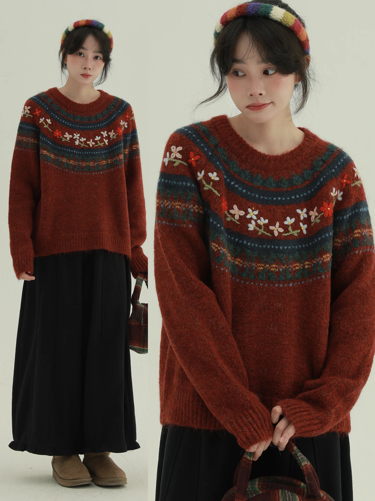 

Rare "Mantle Warm Flame" Embroidered Sweater Autumn Winter Vintage round Ne Loose Knitted Top for Women Thi Long Sve