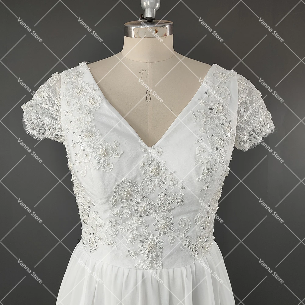 Prawdziwe zdjęcia koronki bez rękawów Boho plaża Pre suknia ślubna linia V Neck Backless miękka szyfonowa czeski Appliqued suknie ślubne