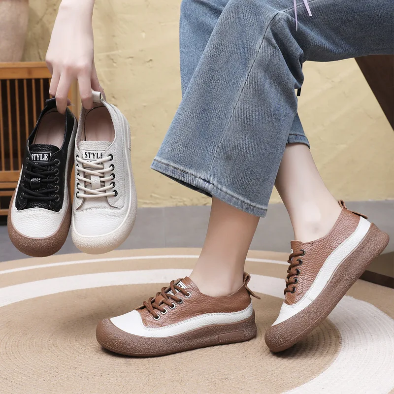 Soft Shoes Woman Flats Round Toe Female Moccasin Casual Sneaker All-Match Dress Grandma Retro Genuine Leather Comfortable Lace-U