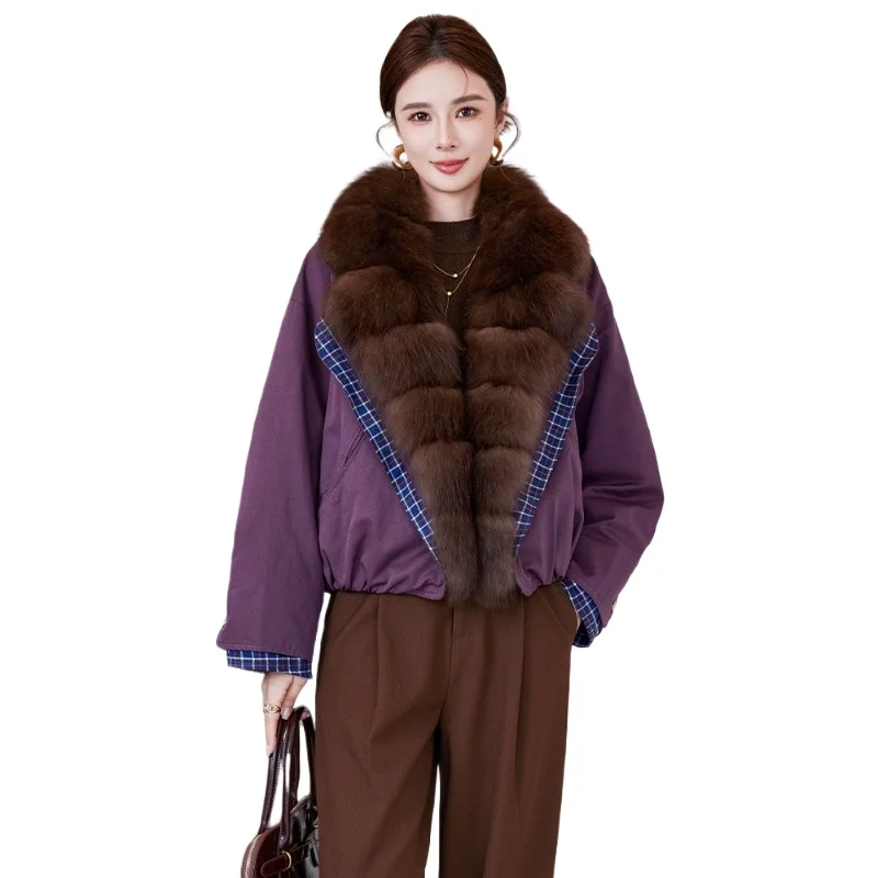 Piumino corto da donna 2025 abbigliamento invernale nuovo collo in pelliccia di volpe rimovibile piumino in pelliccia d'oca Haining