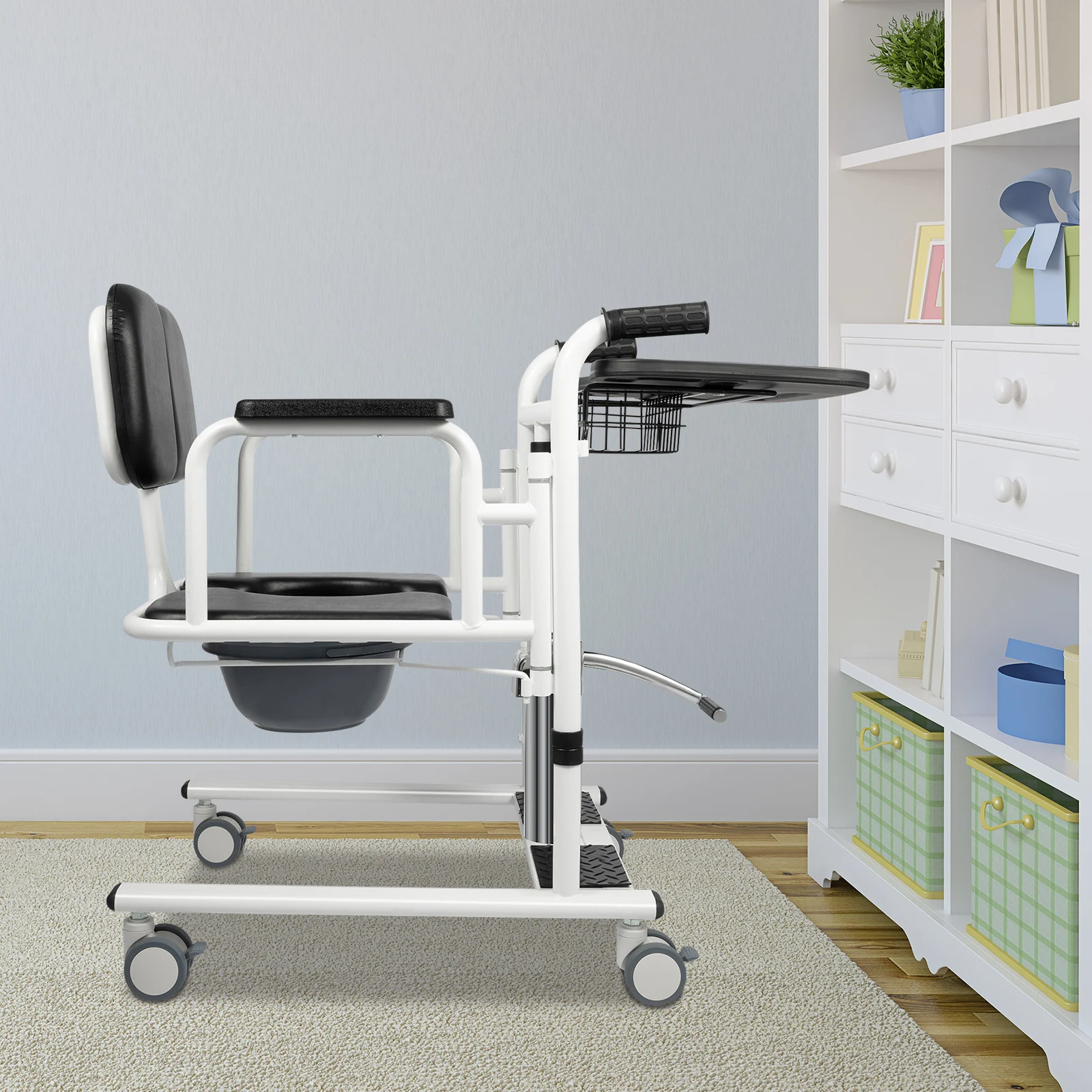 Hydraulischer Patientenlifter für den Heimgebrauch, tragbarer Transferstuhl mit 4 Universalrädern & 180°-Drehung ° Liegesessel, 150 kg Tragkraft, Pflegehilfe für Senioren (Schwarzes Display, gleiche Spezifikationen für Orange & Blau) – Detail 15