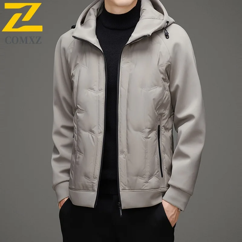 COMXZ Brand Puffer Jacket Men Fashion Classics Hooded Outdoor Snow Lightweight Padding Coat White Duck Down Winter Down Jacket