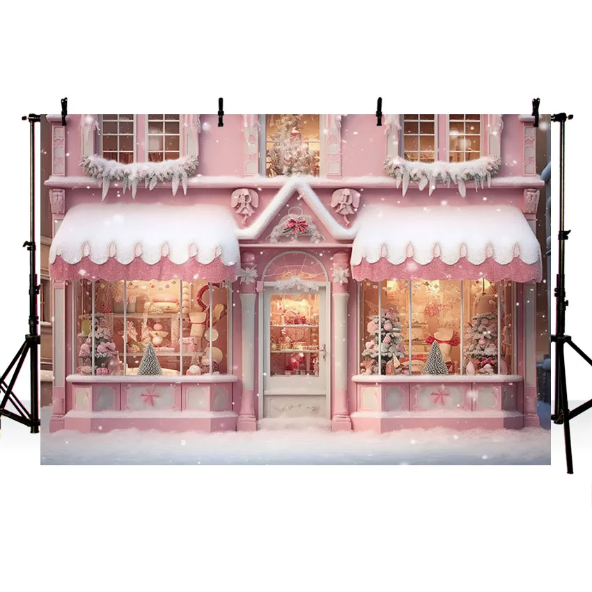 خلفية تصوير من Mehofond للشتاء والكريسماس والحلوى الوردية ونافذة المتجر والثلوج والكريسماس للأطفال والعائلة وديكور الصور والخلفية
