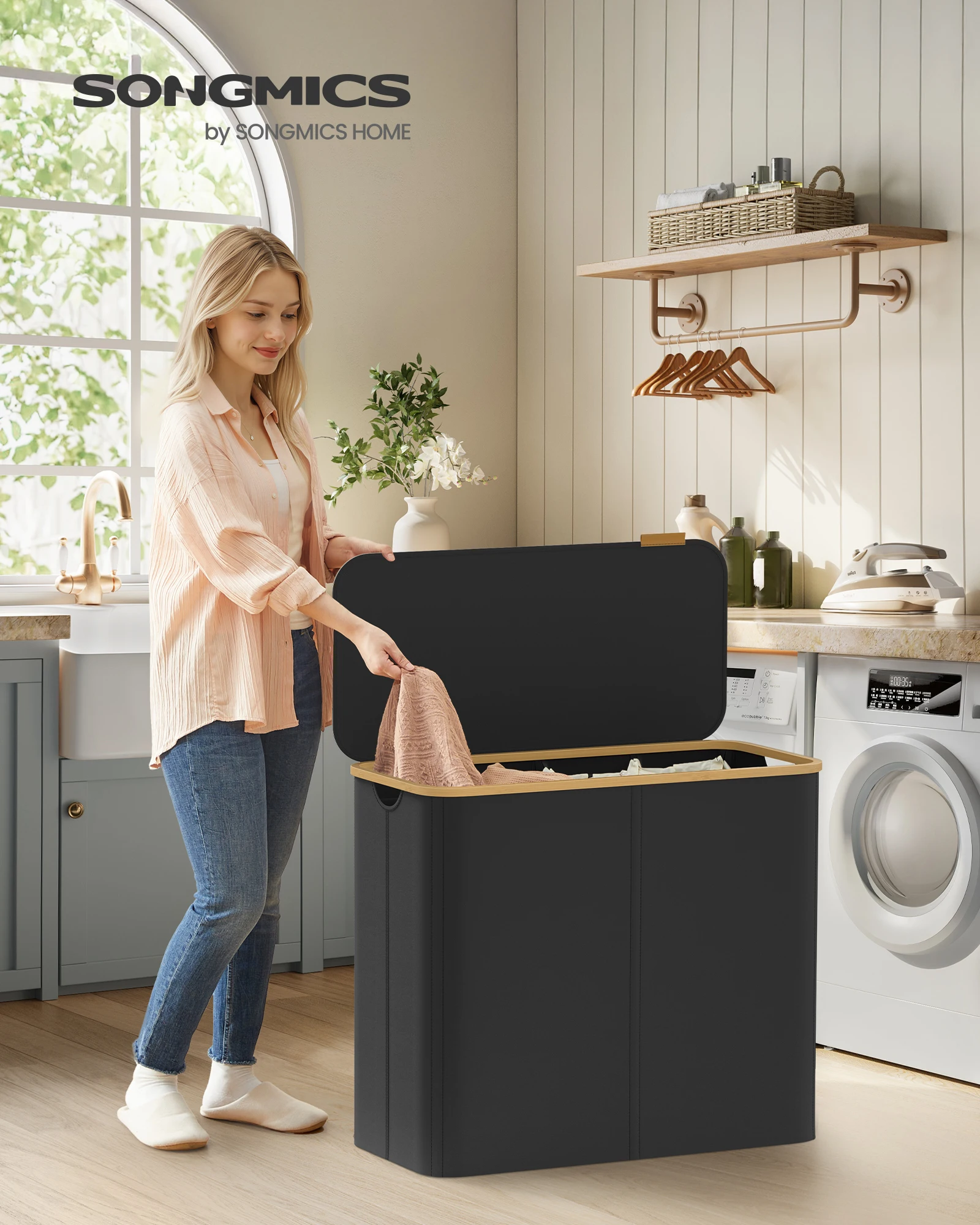 SONGMICS Panier à Linge avec Couvercle à 4 Compartiments, 200 L, Sac Amovible, Tissu Oxford, Poignées en Bambou, Pliable, 78 x 38,5 x 70,5 cm, Noir d'Encre