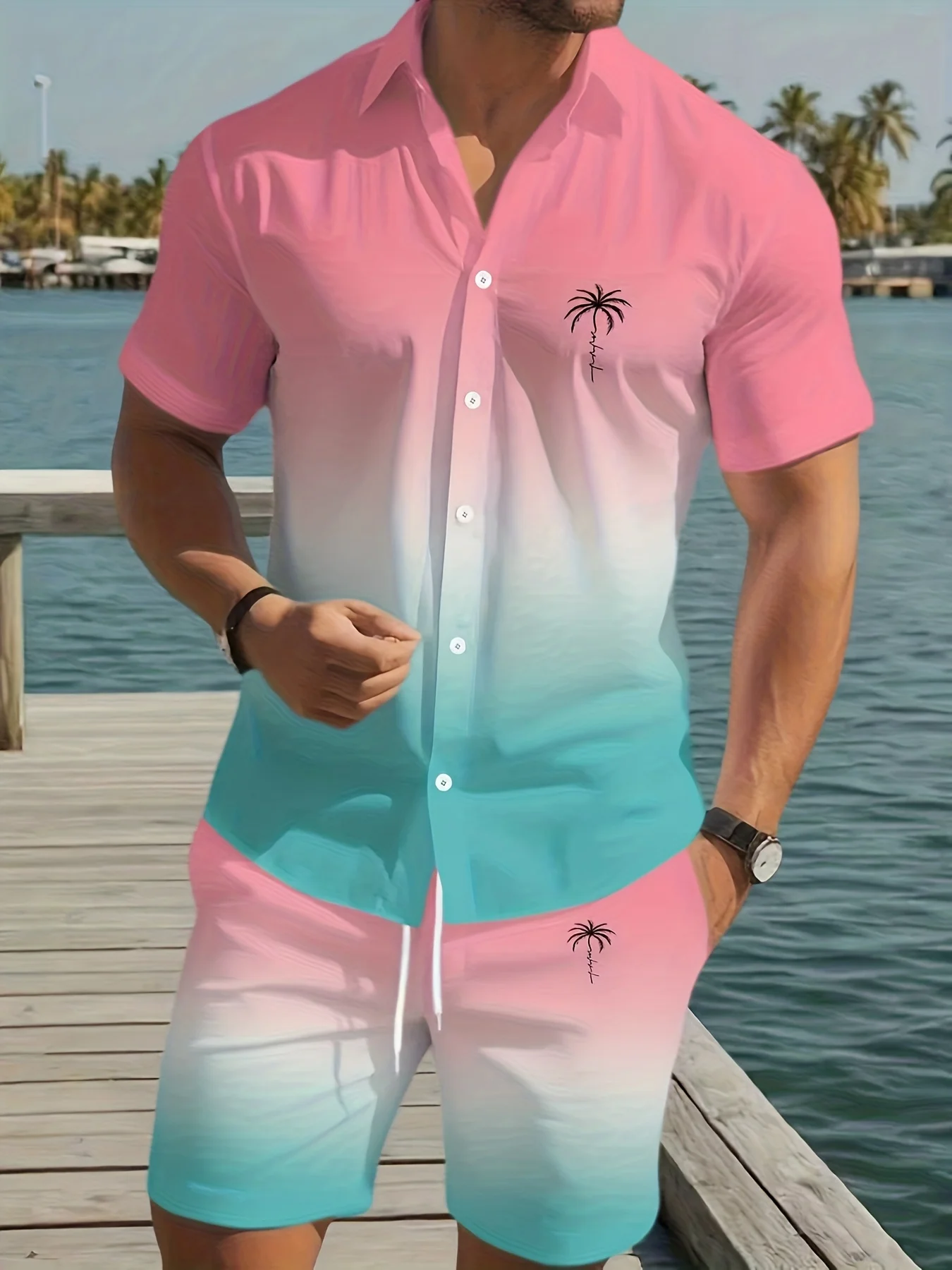 

Men's casual and fashionable gradient color - matching shirt + shorts beach vacation suit