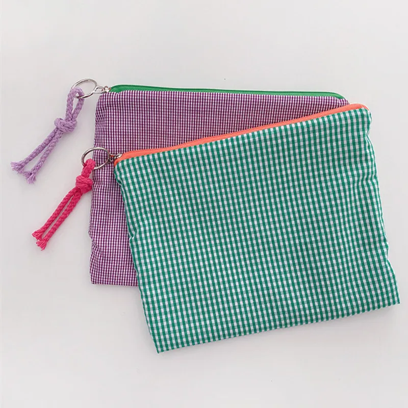 Women Girls Plaid Pattern Makeup Bag Large Capacity Cotton Linen Cosmetic Bag Portable Lipstick Earphone Organizer Storage Bag