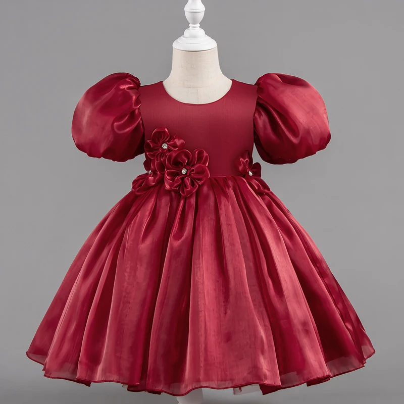 137  Solid Color Girl Princess Dress Short Sleeve Lace Flower Girl Dresses for Weddings Summer Children's Evening Dress 1-7Y