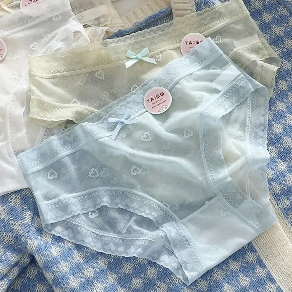 

5 шт., сетчатые прозрачные кружевные трусики с бантом, хлопковые бесшовные трусы со средней талией и промежностью, тонкое нижнее белье для женщин, подарки