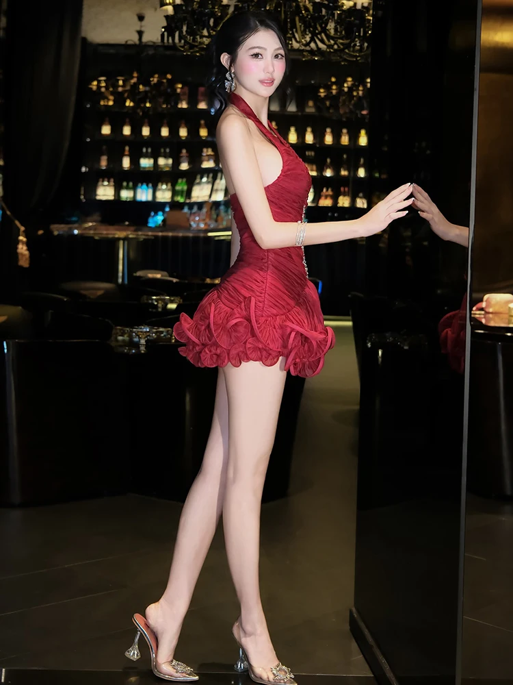 فستان Sisterlinda منتفخ للنساء مثير ملصق كريستالي شريطي بدون ظهر بدون أكمام مكشكش للحفلات والنوادي قابل للتمدد #3