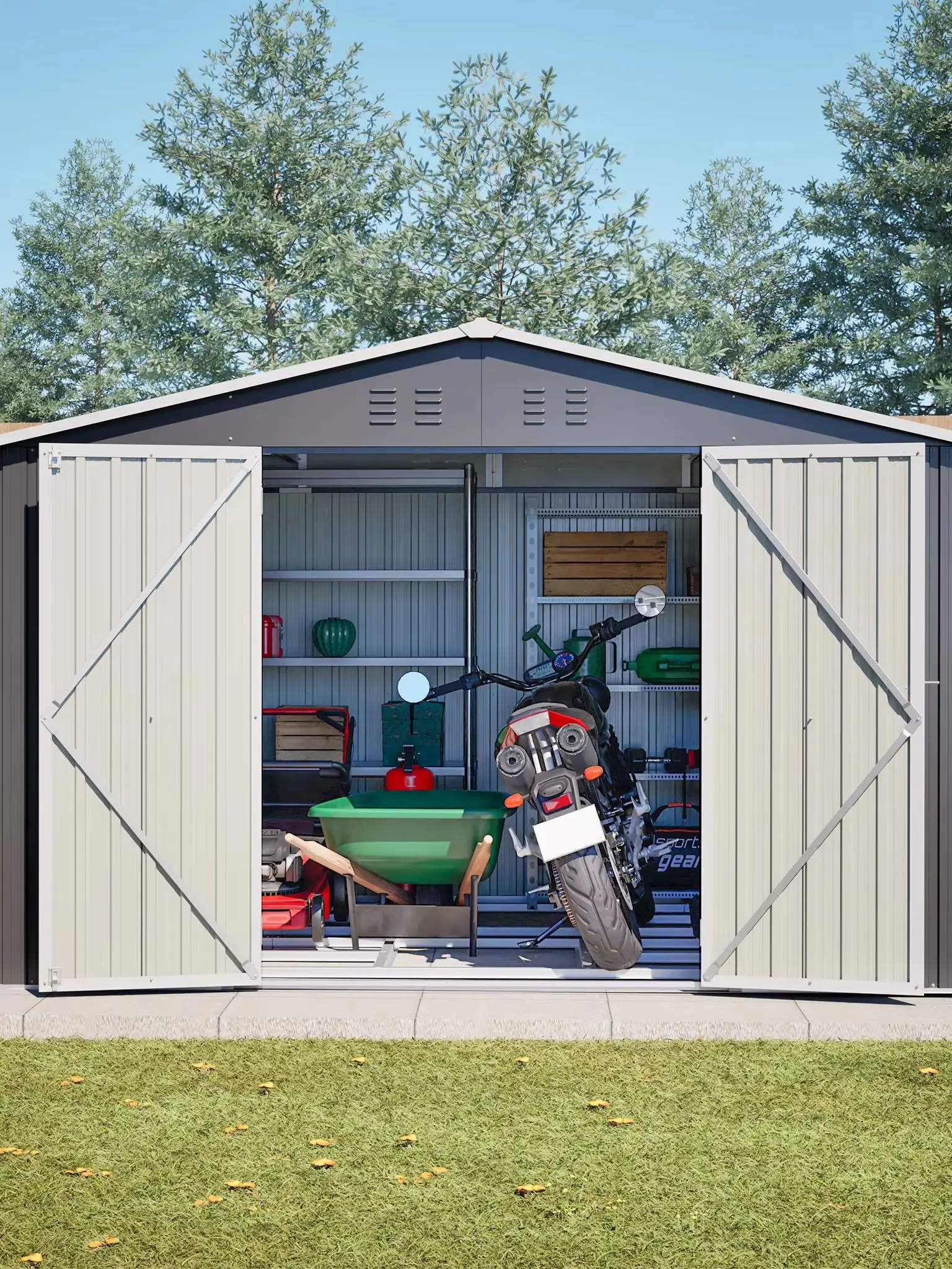 XXXL Robuster Metall-Gartenschuppen mit Giebeldach 300x252x191 cm Sicherer Werkzeugorganizer für Outdoor-Gartengeräte Grau