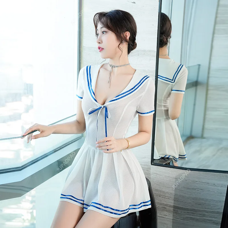 

New Models High Quality Sexy Perspective Low Cut Academy Style Dress with Open Back and Spicy Girl Nightclub Student Uniform