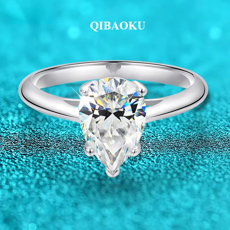 QIBAOKU 7*10mm 2ct Pear D Color Moissanite Solitaire Rings for Women 100% S925 Sterling Silver Couple Jewelry Valentine Day 2026
