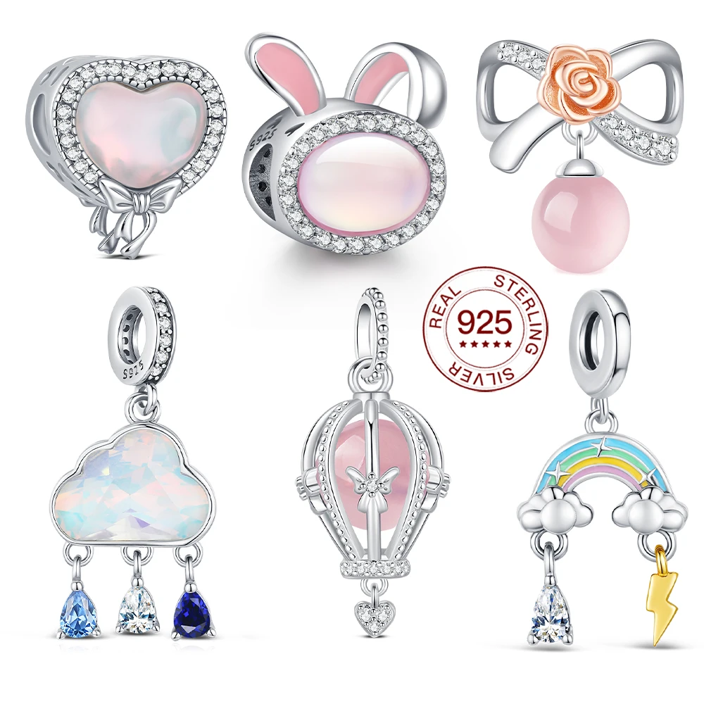 

2025 Elegant Pink Bead S925 Sterling Silver Cloud rainbow Charm Fit Bracelet Diy Fashion Dangle Pendant Daily Wear Love Gifts
