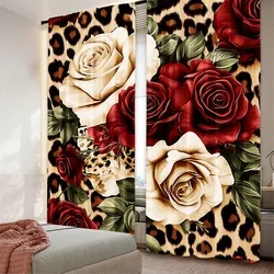 2Pcs Leopard Curtain Red And White Rose Floral Curtain Women Lover Romantic Floral Botanical For Bedroom Living Room And Dining