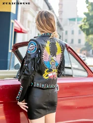 Veste en cuir à franges cloutées pour femmes, coupe couvertes, coupe courte, rock punk, streetwear, imprimé graffiti, nouveaux abonnés, veste de moto, 2024