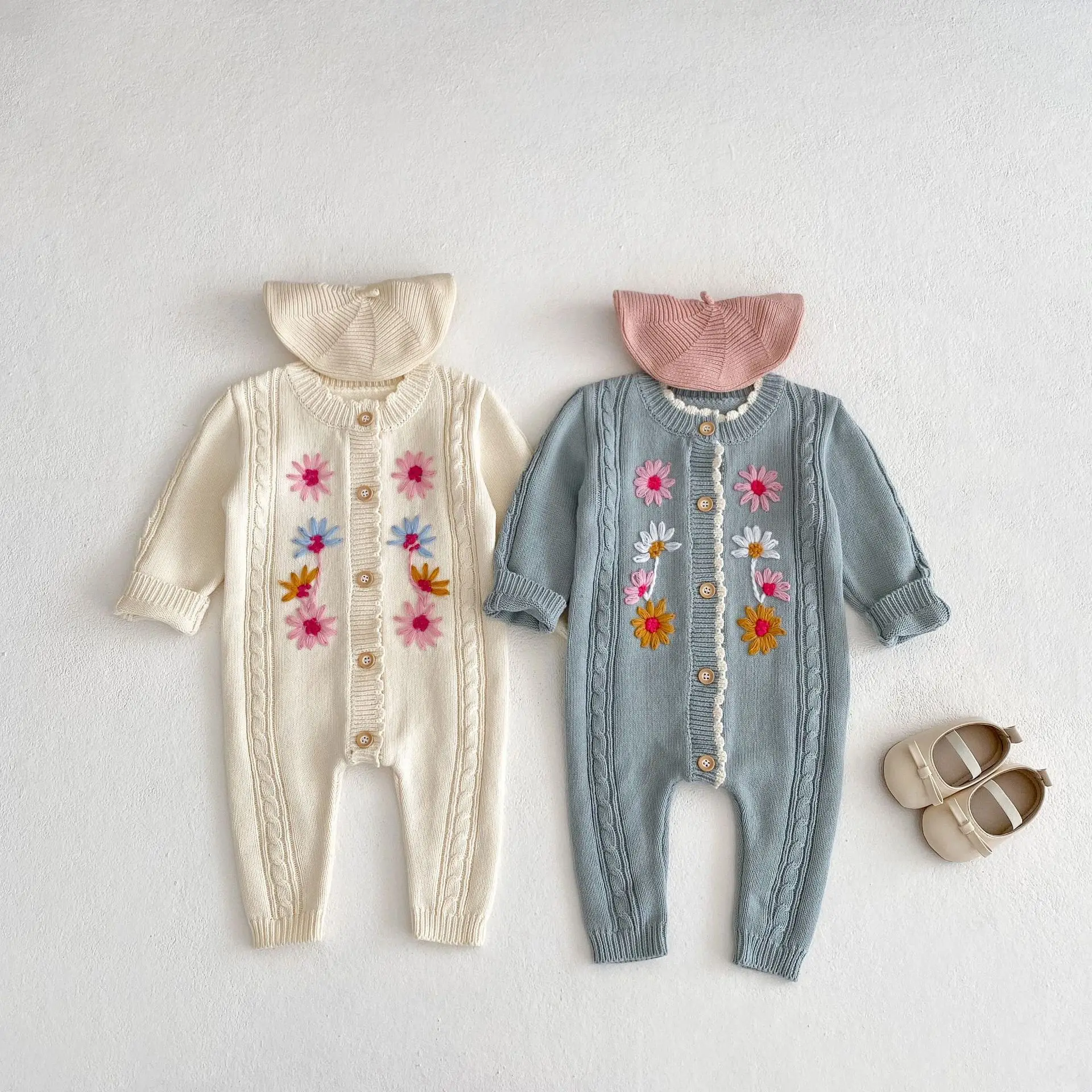 Spring And Autumn New Baby Clothing For Girls Handmade Embroidered Knitted Long Creeper Jumpsuit Fresh Creeper