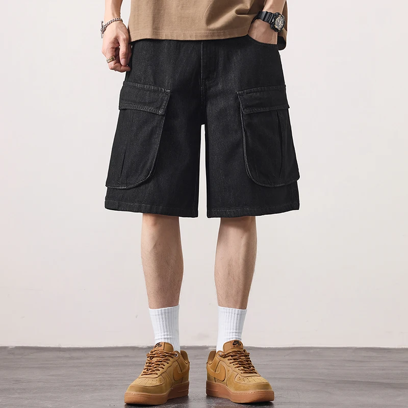 KSTUN Lyocell Celana Pendek Musim Panas Jeans untuk Pria Celana Kargo Kaki Lebar Celana Panjang Lutut Pakaian Jalanan Celana Pendek Denim Hitam Pria Pas Longgar