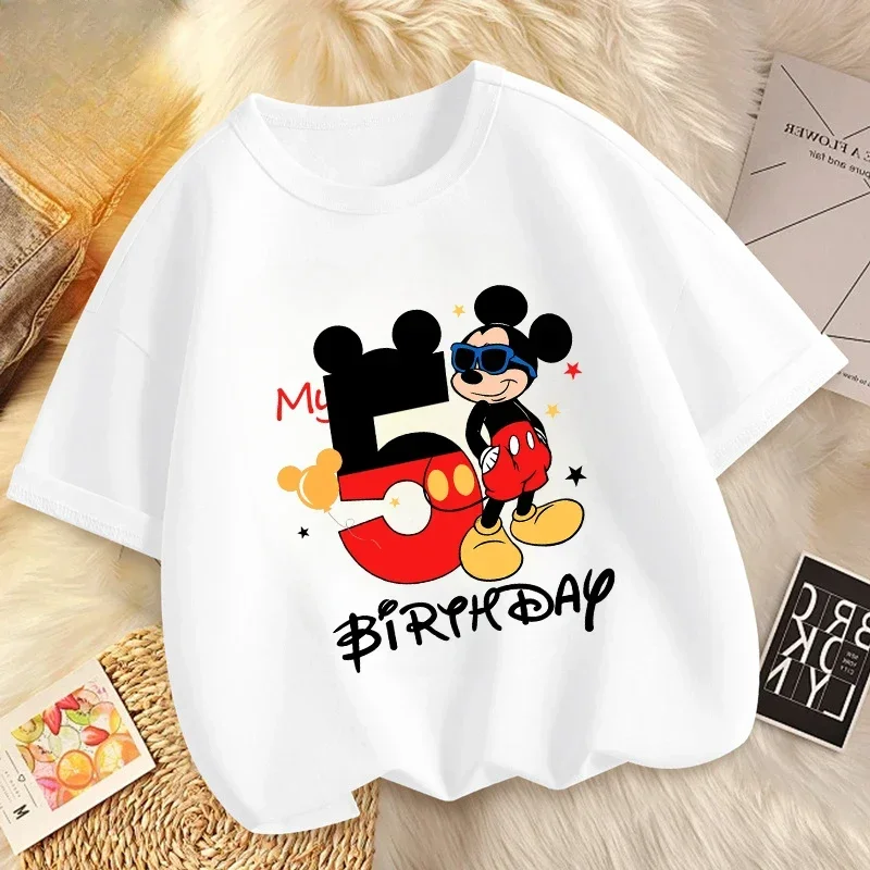 Camiseta de algodón para bebé de Mickey Mouse, ropa de cumpleaños para niño, camisetas para niña, ropa de Anime Kawaii, ropa para bebé