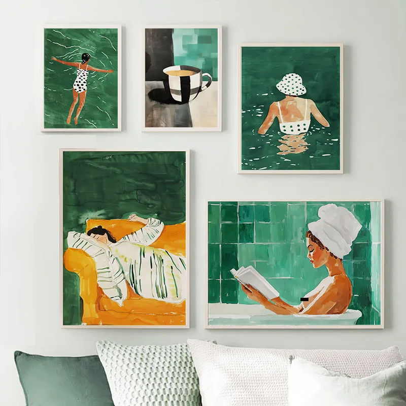 Green Striped Girl Book Coffee Bathtub Abstract Posters Wall Art Prints Canvas Painting Hotel Bar Pictures For Living Room Decor view 2