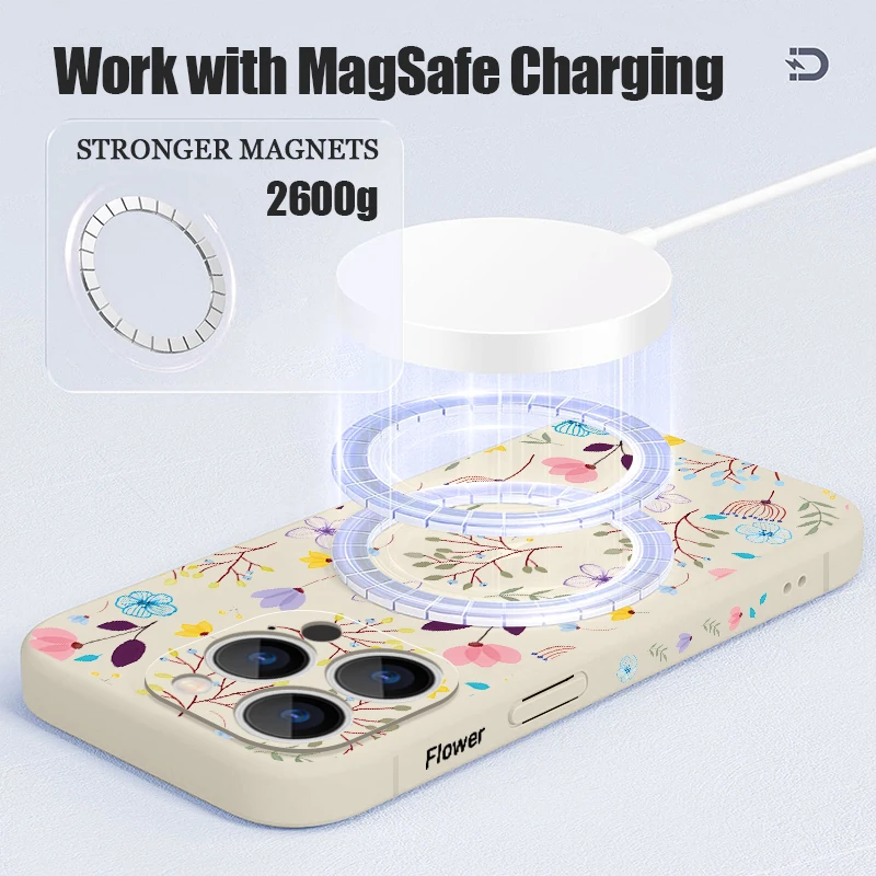 Flowers Pattern Magnetic Phone Case For iPhone 17e Air 17 16 15 14 13 12 Pro Max 11 16e For Magsafe Wireless Charge Soft Cover