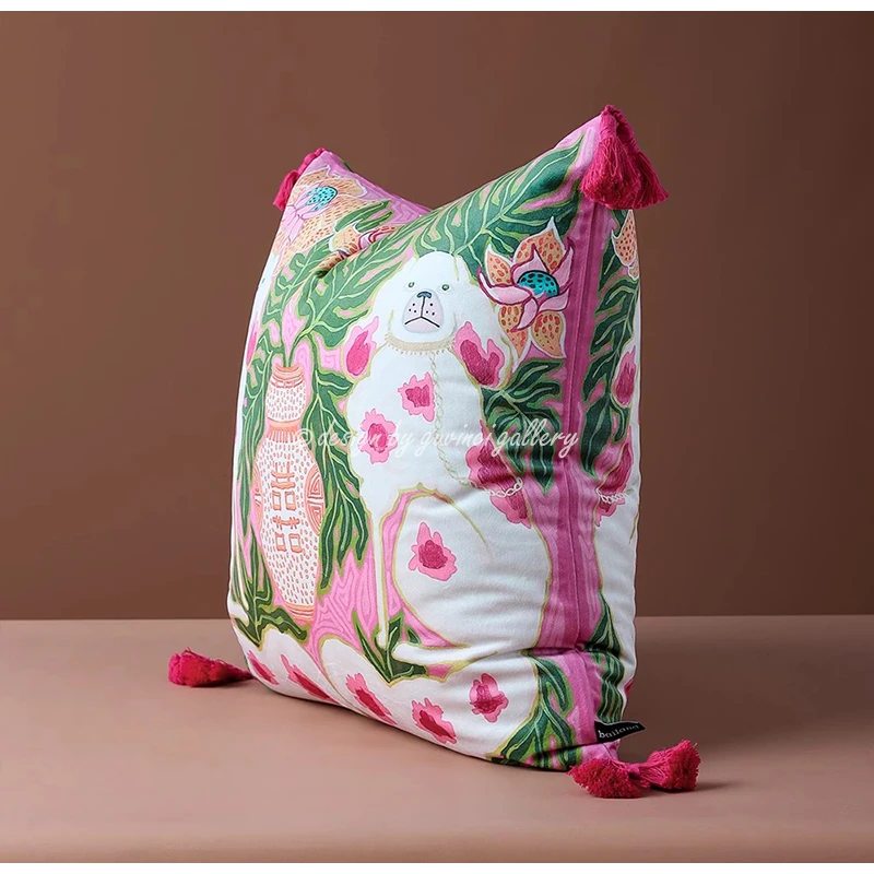 GUVINCI Pink Lion Dog Decorative Cushion Cover Chinoiserie Style Luxury Mystical Animals Print Art Pillowcase For Sofa Bed Couch