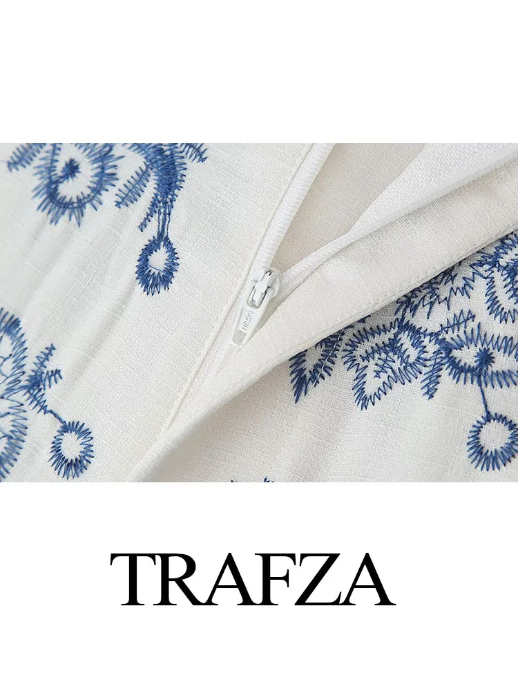 TRAFZA 2024 Female Wide Leg Pants Blue Print Mid-Rise Embroidery Decorate Pockets Button Zipper Summer Pants Woman Trendy TRAF