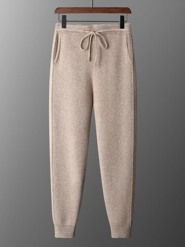 

Осень-зима, мужские кашемировые брюки-карандаш, брюки до щиколотки, трикотажные брюки из 100% мериносовой шерсти, толстые теплые элегантные повседневные брюки