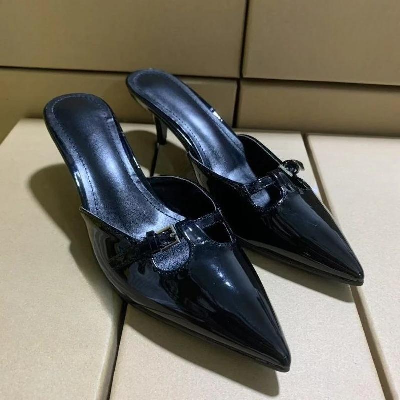 Elegant Slingbacks Women Sandals summer 2025 Luxury Desinger Pointed Toe Chic Buckle Black Party High Heels Lady Mules Shoes