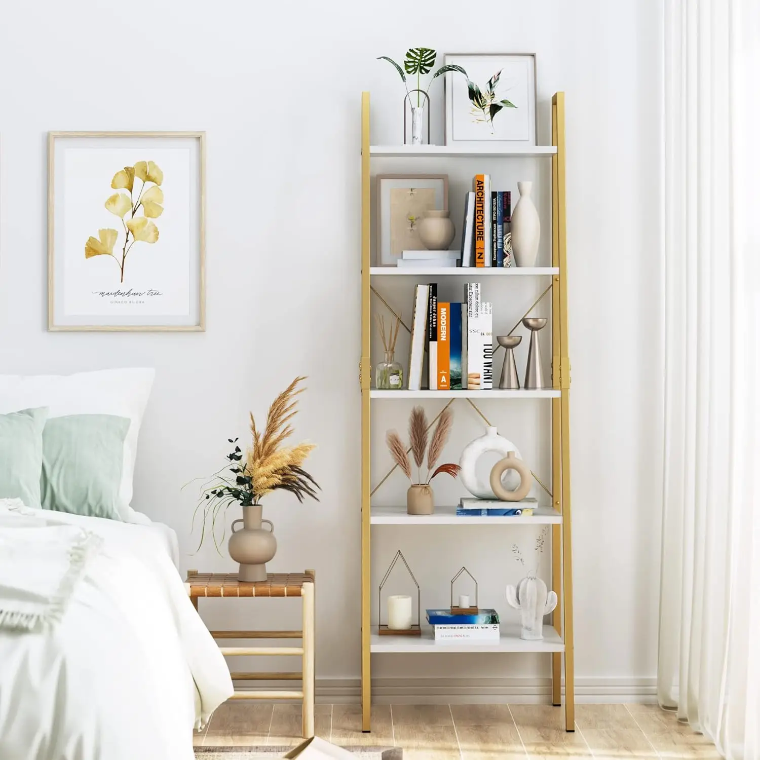 5-Tier Ladder Shelf, Gold Bookcase Bookshelf with Metal Frame, Display Shelf Plant Rack Accent Furniture for Home Office, White