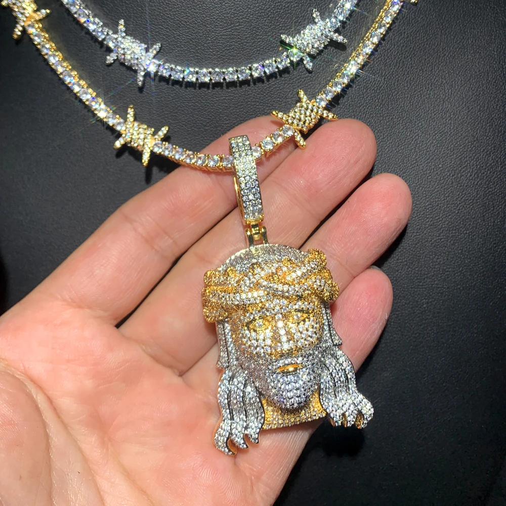 2024 New Bling  Jesus Christ Head Necklace Full Micro Paved 5A Cubic Zirconia Pendant For Men Iced Out Charm Hip Hop Jewelry