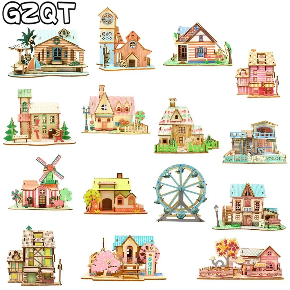 Puzzle in legno 3D giocattoli Jigsaw Architecture assemblaggio fai da te Building House Model Kit Puzzle per bambini giocattolo educativo in legno per bambini