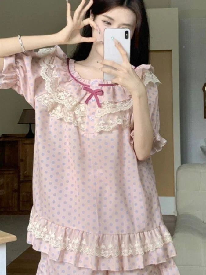 

plus Size Women's Sweet Lace Trim Polka Dot Short Sleeve Sleepwear Set Summer Outdoor Wearable Home Clothes Korean Style Loos...