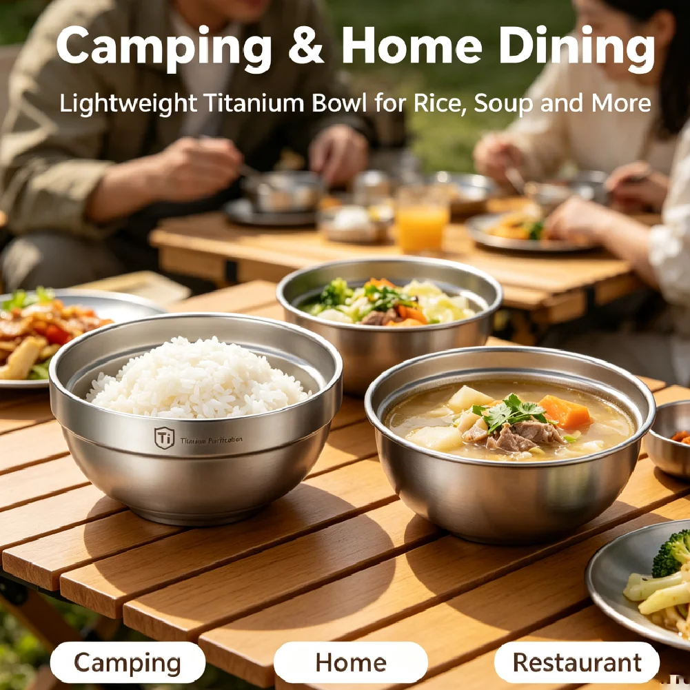New Titanium Purification Double-Layer Heat-Resistant Bowl Portable Cutlery Outdoor Kitchen Equipment Mountaineering Bowl