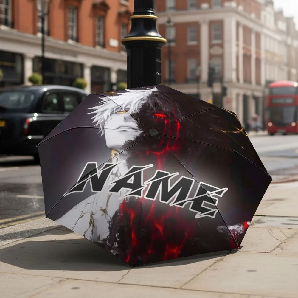 Custom Name Umbrella Dual Tone Half Light Half Dark Anime Male Character Print Compact Folding Travel Parasol, Present