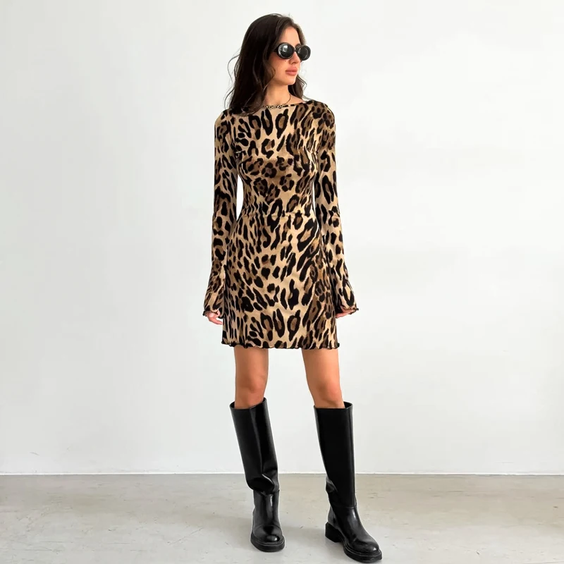 MSCSZ Leopard Print Backless Mini Dress Women Lace Up Long Sleeve Bodycon Dress Sexy Party Night Club Short Dress