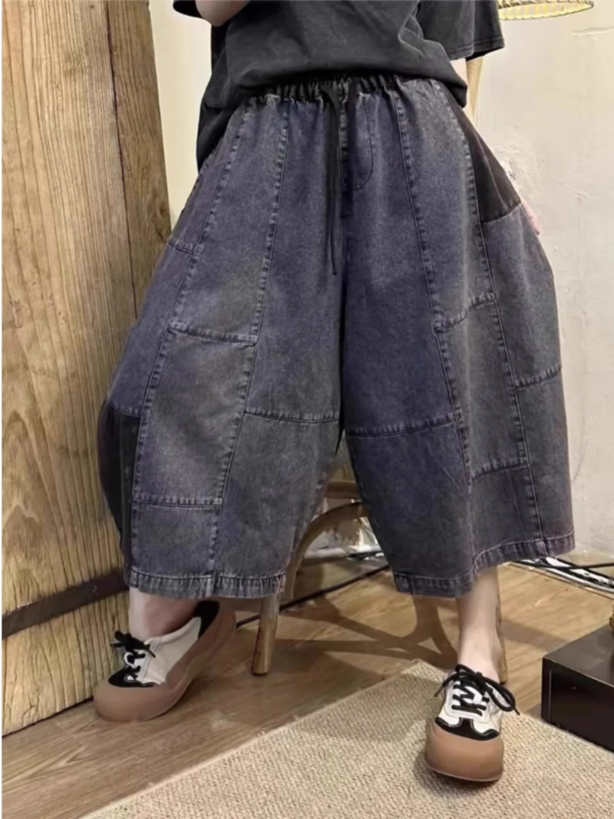 Retro Sle Casual kleur Blo Distred Denim Jeans Hoge taille Wijde pijpen Zeven voet broek Afslankeffect het hele seizoen