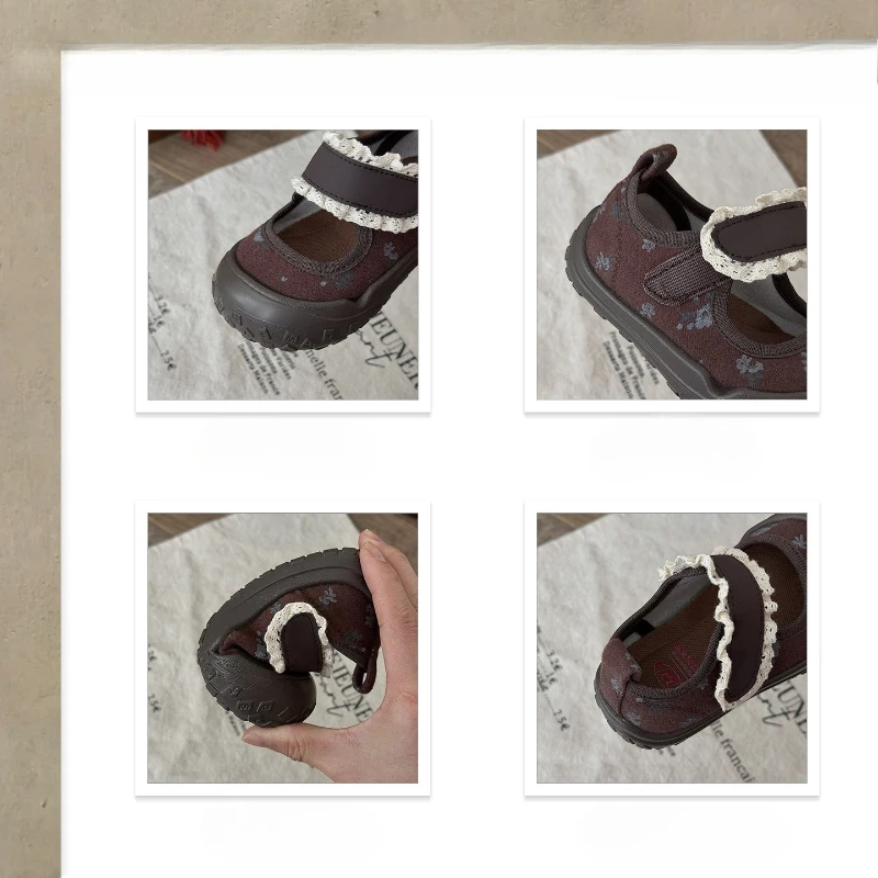 الخريف الأطفال الفتيات خمر وظيفية مغلقة اصبع القدم الدانتيل الحلو الأزهار القماش أحذية طفل الصغار عارضة شقة سوليد حذاء طفل صغير