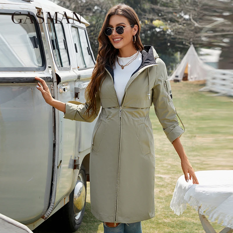 GASMAN 2022 women's coat spring waist long fashion brand Women's jacket Hooded zipper high collar trench coat for women GW-8279