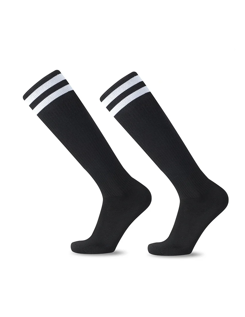 Calcetines de fútbol a rayas blancas y negras para hombres, adolescentes, niños, niños, sobre la pantorrilla, béisbol, Rugby, calcetines atléticos, mujeres y niñas