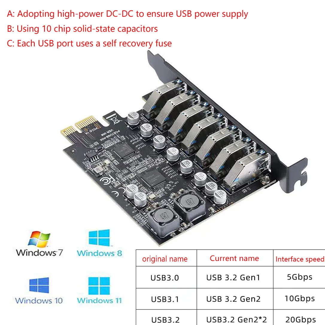 

USB 3.2 PCI Express Adapter 7-Port USB 3 Expansion Card USB3 PCIe PCI-e X1 Controller Converter for Desktop