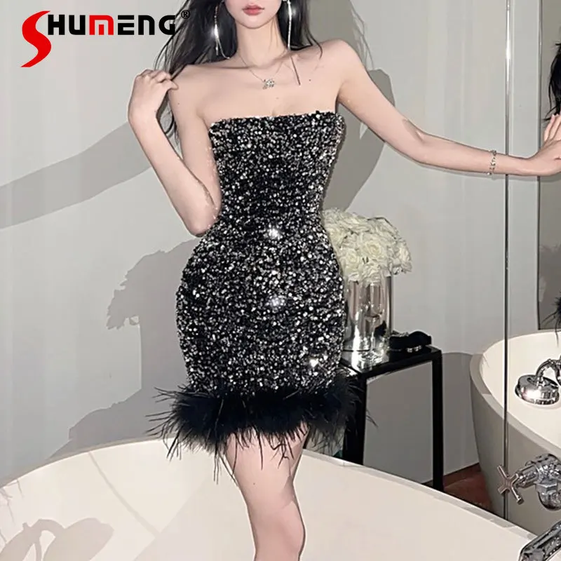 

Fashion High-End Sexy Feather Sequins Tube Top Skirt Slim-Fit Slimming Hot Girl Sheath Dresses Beautiful Women's Clothes