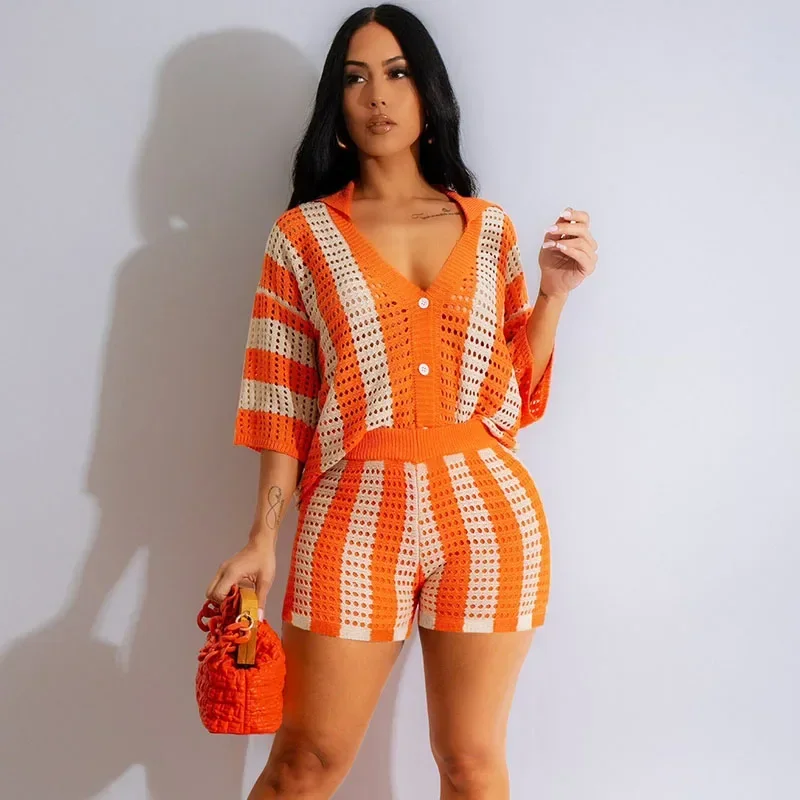 Striped Hollow Out Knitted 2 Piece Sets Women Outfit Summer Holiday See Through Club Top and Shorts Beach Wear Vacation Outfits