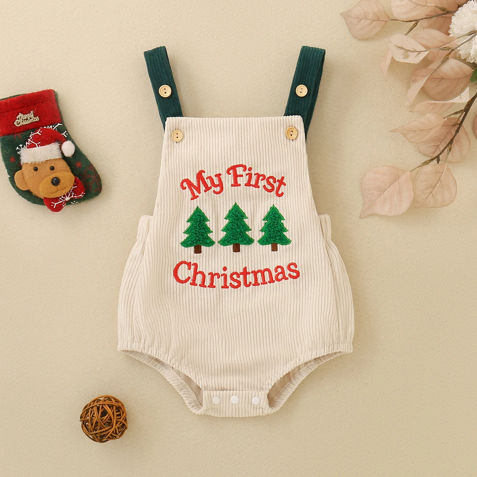 Newborn Baby My First Christmas Suspender Bodysuit Corduroy Christmas Tree Embroidery Infant Sleeveless Holiday Romper Outfit