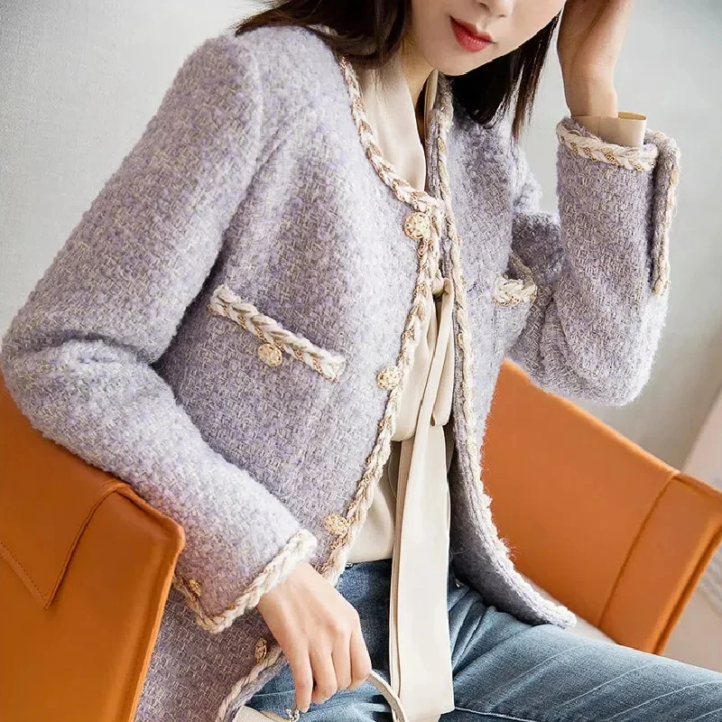 Y2k Harajuku Xiaoxiang Kaichi Purple Tweed Cardigan Coat Top Female With Pile Thickened Compound Autumn And Winter Fashion Short