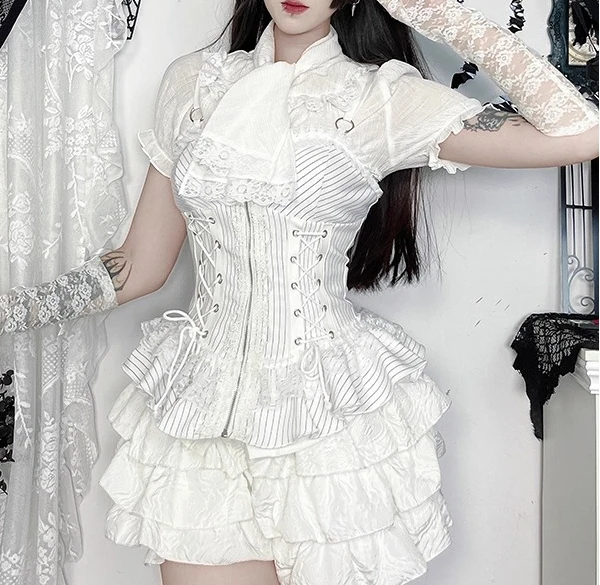 고딕 화이트 코스 서브컬쳐 로리타 슬림 서스펜더 탑 봄과 가을 신상 다용도 나이 감소 패션 레이스업 허리띠