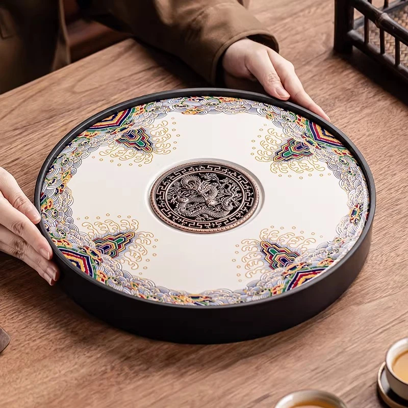 Round Serving Tea Tray Accessories Ceremony Office Chinese Drainage Tea Tray Living Room Hospitality Bandejas Home Decorationgs