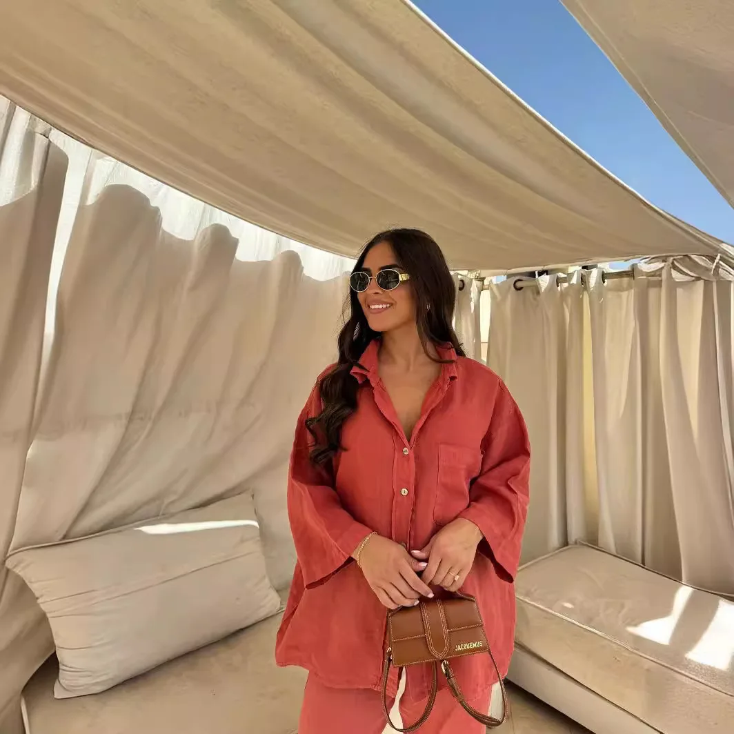 

Elegant Pocket Button Women's Shirt Suit Casual Solid Color Top Wide-leg Trousers Suitable Women Commuting High Street Clothing