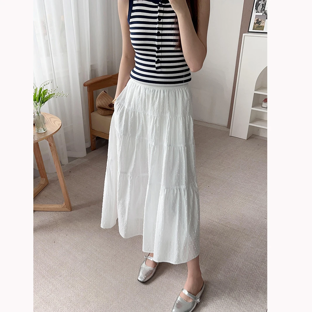 

Ele Pure Watercolor Print/Floing Small Polka Dot Elastic Waist A-Line Skirt 2 Colors Casual High Waist Skirt