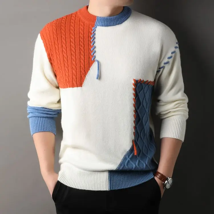 Men's O-neck Sweater with Spliced Colors, Suitable for Daily Leisure, Warm and Thick Knitted Sweater  Base Layer.