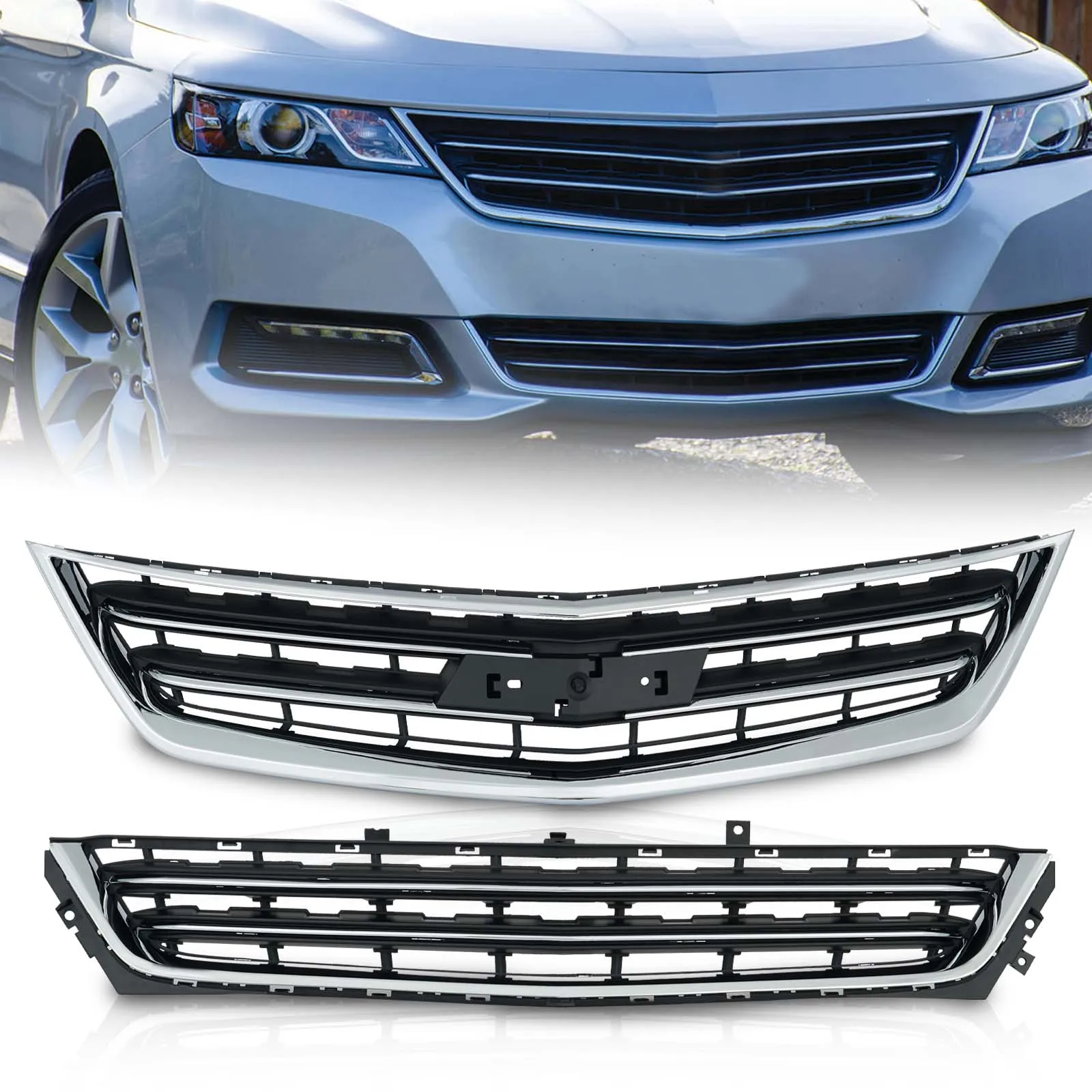 For 2014-2020 Chevrolet Chevy Impala Front Upper + Lower Grille 2pcs Set Black Chrome